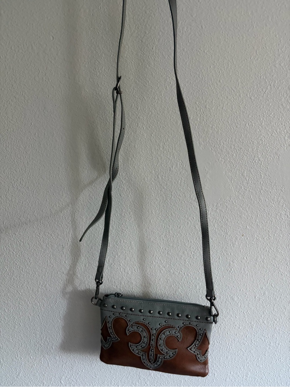 Western Leather Studded Two-Tone Crossbody Bag - Brown & Gray